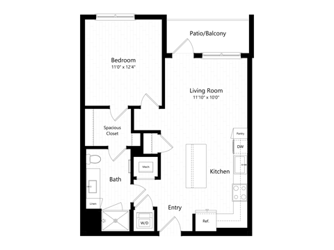 Floor plan for 1 bed, 1 bath, 688 sqft
